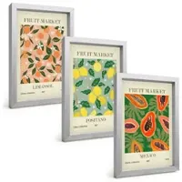 Tulup BILDER SET 3er Set - 20x30 cm Silberner Rahmen - Zitrusfrüchte, tropischer Retro-Stil