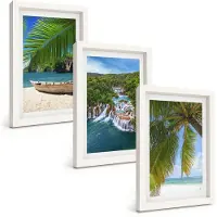 Tulup BILDER SET 3er Set - 20x30 cm Weißer Rahmen - Strand, Boot, Wasserfälle, Palmen