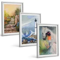 Tulup BILDER SET 3er Set - 40x60 cm Silberner Rahmen - Landschaft Leuchtturm Pferd Mädchen