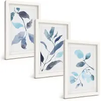 Tulup BILDER SET 3er Set - 20x30 cm Weißer Rahmen - Aquarell von blauen Blättern