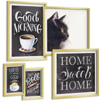 Tulup BILDER SET 5er Set - 50x50 cm & 20x30 cm & 40x60 cm Goldrahmen - Hausküchenthemen Katze