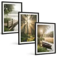 Tulup BILDER SET 3er Set - 40x60 cm Schwarzer Rahmen - See, Wald, Boot, Morgennebel