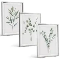 Tulup BILDER SET 3er Set - 40x60 cm Silberner Rahmen - Pflanzenmuster mit Grün