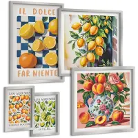 Tulup BILDER SET 5er Set - 50x50 cm & 20x30 cm & 40x60 cm Silberner Rahmen - Zitronenbäume im Topf