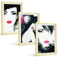 Tulup BILDER SET 3er Set - 40x60 cm Goldrahmen - Porträts von Frauen mit Lippen