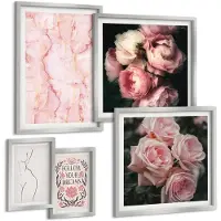 Tulup BILDER SET 5er Set - 50x50 cm & 20x30 cm & 40x60 cm Silberner Rahmen - Vintage-Rosen-Marmorträume