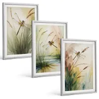 Tulup BILDER SET 3er Set - 40x60 cm Silberner Rahmen - Libellen im Gras, Wassermalerei
