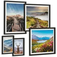 Tulup BILDER SET 5er Set - 50x50 cm & 20x30 cm & 40x60 cm Schwarzer Rahmen - Berglandschaft, See, Hirsche
