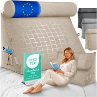 ELONEO Rückenkissen Sand 70 cm breit mit Verstellbarer und Abnehmbarer Nackenrolle, Keilkissen für Bett und Sofa geeignet, dreieckiges Lesekissen, Kissen mit waschbarem Bezug, praktisches Seitenfach