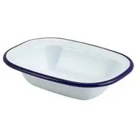 Genware Emaille-Schüssel rechteckig, weiß mit blauem Rand - 16 x 12 x 3,5 cm (12 Stk.)"