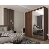 Masseno Schiebetürenschrank PATRIZIA 200/216/61 cm Modern Kleiderschrank 2-türig mit Spiegel Nussbaumfarben