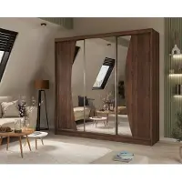 Masseno Schiebetürenschrank VOCE 240/216/61 cm Modern Kleiderschrank 3-türig mit Spiegel Nussbaumfarben