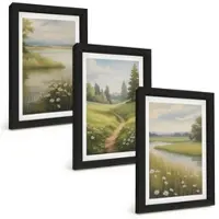 Tulup BILDER SET 3er Set - 20x30 cm Schwarzer Rahmen - Frühlingslandschaft Flusswiese