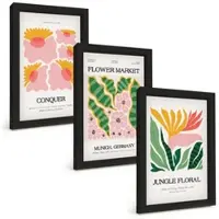 Tulup BILDER SET 3er Set - 20x30 cm Schwarzer Rahmen - Blumen und Blätter – moderne Poster