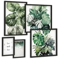 Tulup BILDER SET 5er Set - 50x50 cm & 20x30 cm & 40x60 cm Schwarzer Rahmen - Aquarell-Monstera-Blätter