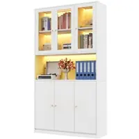 Merax LED Bücherschrank 1100 x 35 x 200 cm, Vitrinenschrank mit Glastüren, offenem Fach & 3 Türen, Aktenschrank für Bücher und Ordner, Weiß