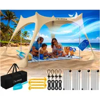 ELONEO Strandzelt, Sonnensegel Strand 228x214x200 cm, LSF 50+, Sonnenschutz für Strand mit Sandschaufel, Heringen und 4 Stabilitätsstangen, 4 Personen, Creme