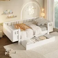 Treeboy 90x200 Plattformbett mit hohem Schutzgitter und zwei großen Schubladen, Weiß