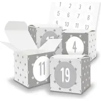 Itenga Adventskalender zum Füllen 24x Würfel mit Muster (V36) + Sticker Zahlen (Z31)