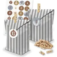 Itenga SET Adventskalender 24 x Tüten Streifen + Klammern + Zahlensticker (Z15)
