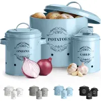 Markenlos Vorratsbehälter Set 3-teilig für Kartoffeln, Zwiebeln und Knoblauch - Emaille Metall mit Belüftungsöffnungen, Küchen Organizer (Hellblau)