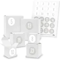 Itenga Adventskalender zum Füllen 24x Quader Würfel gemischt WEISS + Sticker (V01 Z35)