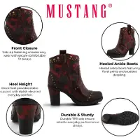 Mustang Stiefelette SHOES "Stiefel", Damen, Gr. 39, Textil, rot (bordeaux multi), Lederimitat, Schuhe Stiefelette, Blockabsatz, Ankleboots mit vielen Nieten besetzt