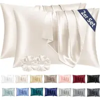 Famanu – Set aus 2 Kissenbezügen aus Satin, 40 x 80 cm, weich wie Seide, mit Umschlagverschluss und 2 Haargummis, beige