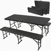 Helo Bierzeltgarnitur klappbar Set 3-teilig HDPE mit Rattan-Optik Garten Camping R1