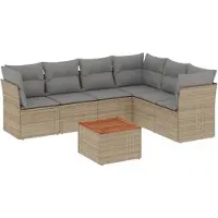 vidaXL 7-tlg. Garten-Sofagarnitur mit Kissen Beige Poly Rattan
