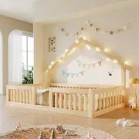 Kein Hersteller Hausbett 90x200, Rausfallschutz, LED-Lichterkette, Bodenbett, Sicherheitsgitter (Natur)