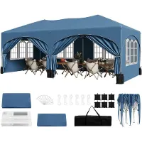 Woltu Pavillon mit 6 Seitenteilen 4 Sandsäcke, Faltpavillon 3x6m mit Halbmonddach Tragetasche, Gartenpavillon wasserfest stabil UV-Schutz, Partyzelt Outdoor höhenverstellbar, Blau