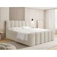 WFL GROUP Boxspringbett mit Bettkasten – Polsterbett 200 x 200 cm mit H4 7-Zonen-Taschenfederkernmatratze & 5 cm Komfort-Topper – Stauraumbett mit hohem Kopfteil – Boucle Creme
