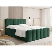WFL GROUP Boxspringbett mit Bettkasten – Polsterbett 140 x 200 cm mit H4 7-Zonen-Taschenfederkernmatratze & 5 cm Komfort-Topper – Stauraumbett mit hohem Kopfteil – Dunkelgrün Samt