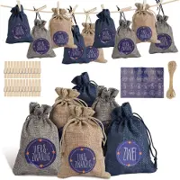 Eikuavons Adventskalender Beutel 24 Stück mit Nummernstickern, befüllbare Stoffbeutel für DIY Weihnachtsdeko und Geschenke Blau Weiß Grau