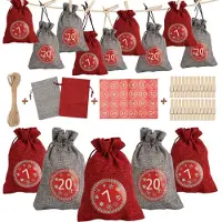 Peviasot Adventskalender Beutel 24 Stück mit Nummernstickern, befüllbare Stoffbeutel für DIY Weihnachtsdeko und Geschenke