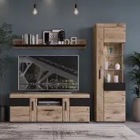 Lomadox Wohnzimmer Wohnwand mit Vitrine, Wandboard & Lowboard in Eiche mit Grau, inkl. Beleuchtung, 3-teilig - GRAHAM-129