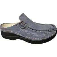 Wolky Clog Roll Slide 0620236-826, leicht glänzendes Nubukleder, Blau, Fußbett zum Wechseln 42