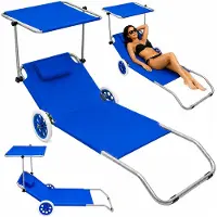 Lean Klappbarer Garten-Strandliegestuhl auf Rädern mit Baldachin aus Metall in Blau