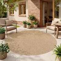 HomebyHome Outdoor Teppich Beige Rund 80 cm Balkon Terrasse Garten Wetterfest UV-beständig Klein Einfarbig Flachgewebe Pflegeleicht Robust