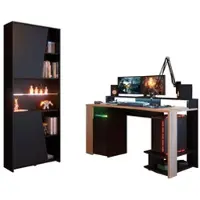 Parisot SCHREIBTISCHKOMBINATION schwarz, Eiche, Gamingtisch und Schrank inklusive LED-Beleuchtung
