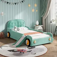 Flieks Kinderbett 90x200cm mit Rutsche und Treppe, Polsterbett mit Rausfallschutz und Lattenrost, Kinder Einzelbett Autobett Samt, Grün