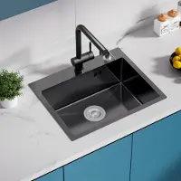 CECIPA MAX Edelstahlspüle & Küchenspüle 55 x 45 cm mit Seifenspender, pflegeleichte Küchenspüle mit Siphon, Einbauspüle Schwarz, Hitzebeständig Kratzfest, Cecipa