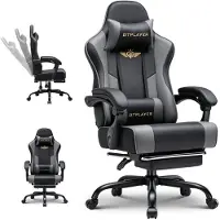 GTPLAYER Gaming Stuhl Chair Gamer Sessel - Ergonomischer Gamer Stuhl mit Fußstütze Kopfstütze und Lordosenstütz Höhenverstellbar Gamingstuhl grau