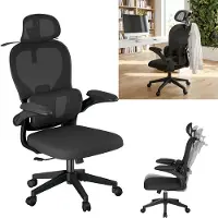 JOIEYOU Ergonomischer Bürostuhl Netzgewebe 125° Wippfunktion 4D Kopfstütze Lendenstütze Klappbare Armlehnen Kleiderhaken 150kg Schwarz