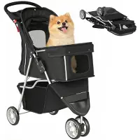 BundiGlassware Hundewagen Faltbar Hundebuggy mit Aufbewahrungskorb Kissen Netzfenster Getränkehalter für kleine Hunde bis 10kg Schwarz