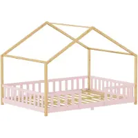En.casa Kinderbett ’Treviolo‘ in Haus-Optik mit Rausfallschutz Kiefernholz 140 x 200 cm Rosa / Natur