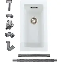 Markenlos Küchenspüle Weiß Granit 25x45cm, Spülbecken Küche, Spülbecken Klein | Waschbecken Küche Eckig, Granitspüle Weiß, Moderne Einbauspüle Set für 45 cm, 1 Becken Spüle mit Siphon