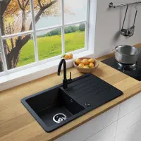 Markenlos Küchen Granit-Spüle Schwarz "VEL44 + 1-Galo" Siphon, Verbundstoffe Germany, Spülen Küche Küchenspüle Spülbecken Kitchen Waschbecken Sinks Einbauspüle, inkl. Imprägnierung