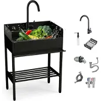 Markenlos Edelstahl Spültisch mit Unterschrank, Freistehendes Outdoor Spülbecken für Garten mit 3-seitigem Spritzschutz, Armatur, Waschbecken für Waschküche, Werkstatt, Garage(60 x 45 x 92cm)
